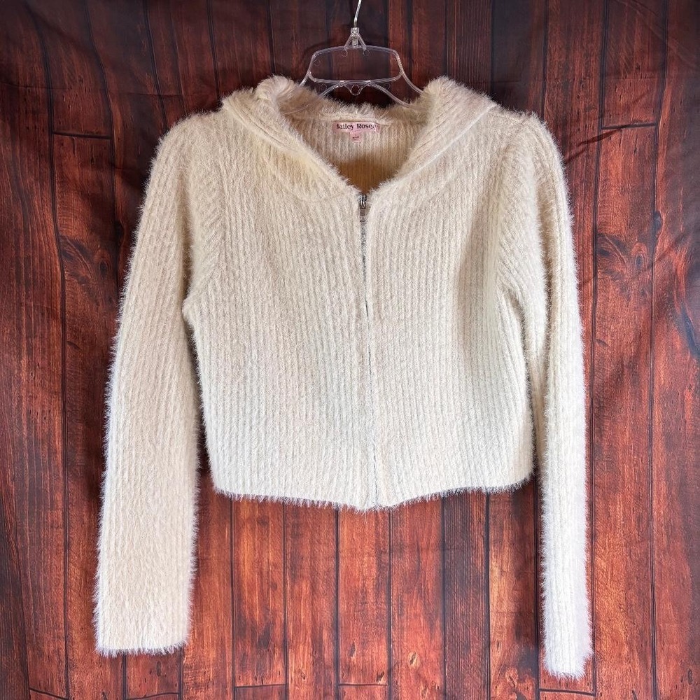 Bailey Rose‎ Hooded Cropped Fuzzy Sweater Cream Zip up Women's Size L